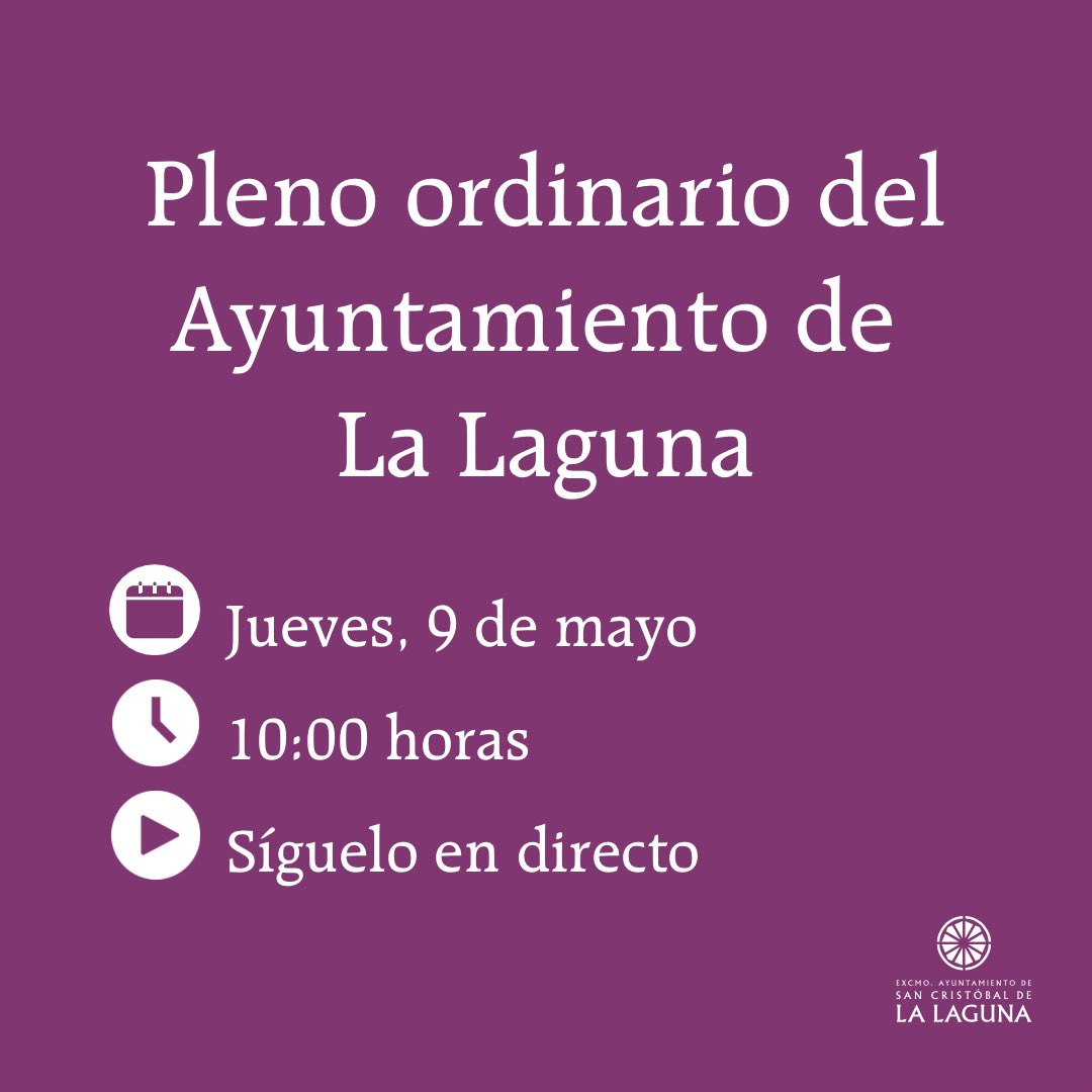 🗓️ Hoy, 9 de mayo, tendrá lugar un nuevo pleno ordinario en el Ayuntamiento de #LaLaguna. ▶️ Síguelo en directo aquí: youtube.com/@excmo.ayuntam…