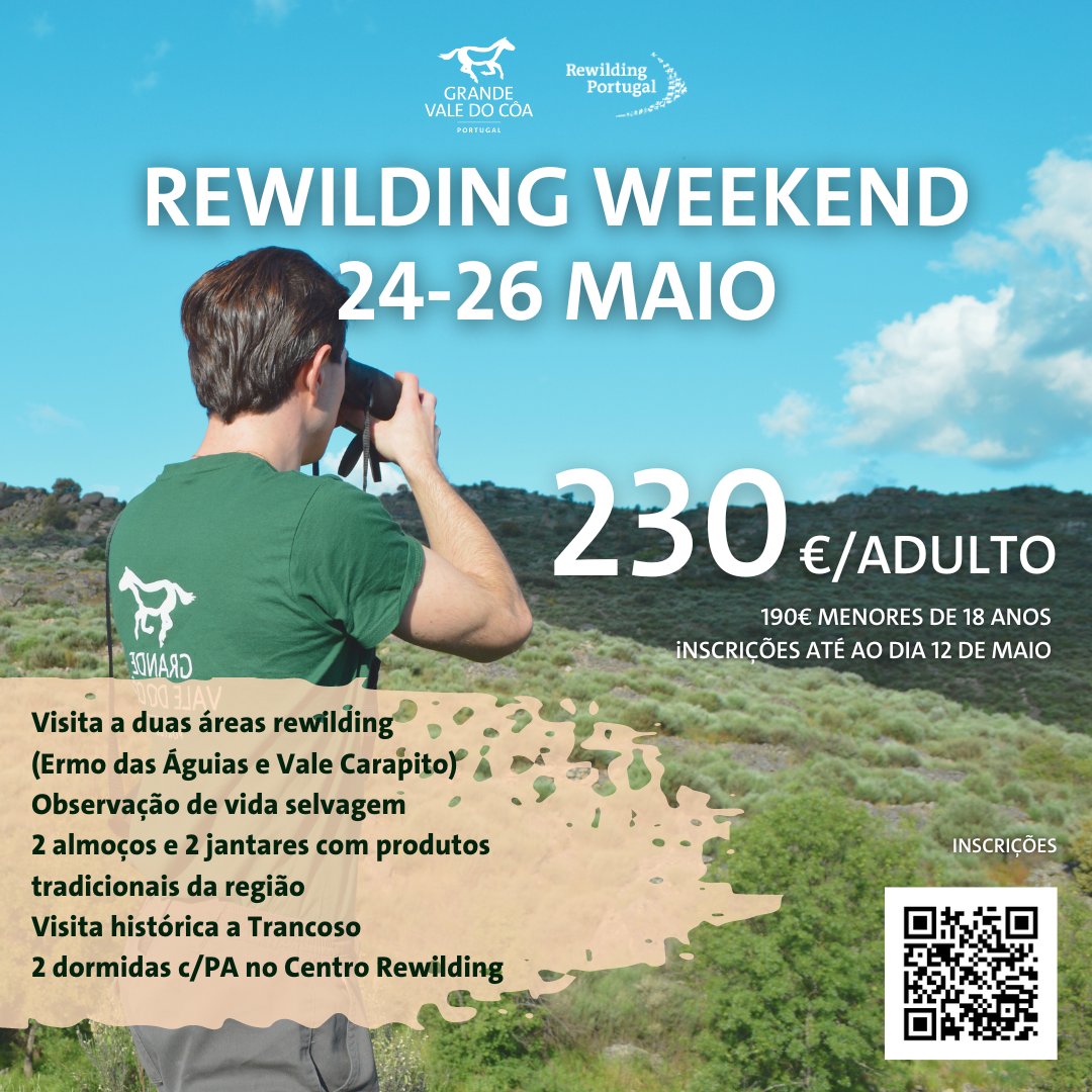 A Rewilding Portugal traz um novo Rewilding Weekend, entre 24 e 26 maio! Venha viver uma aventura rewilding no Grande Vale do Côa, que lhe dará a conhecer toda a região e os esforços de rewilding a serem levados a cabo.  Inscrições e informações 👉 forms.gle/ivGg3qoVxeMy2S…