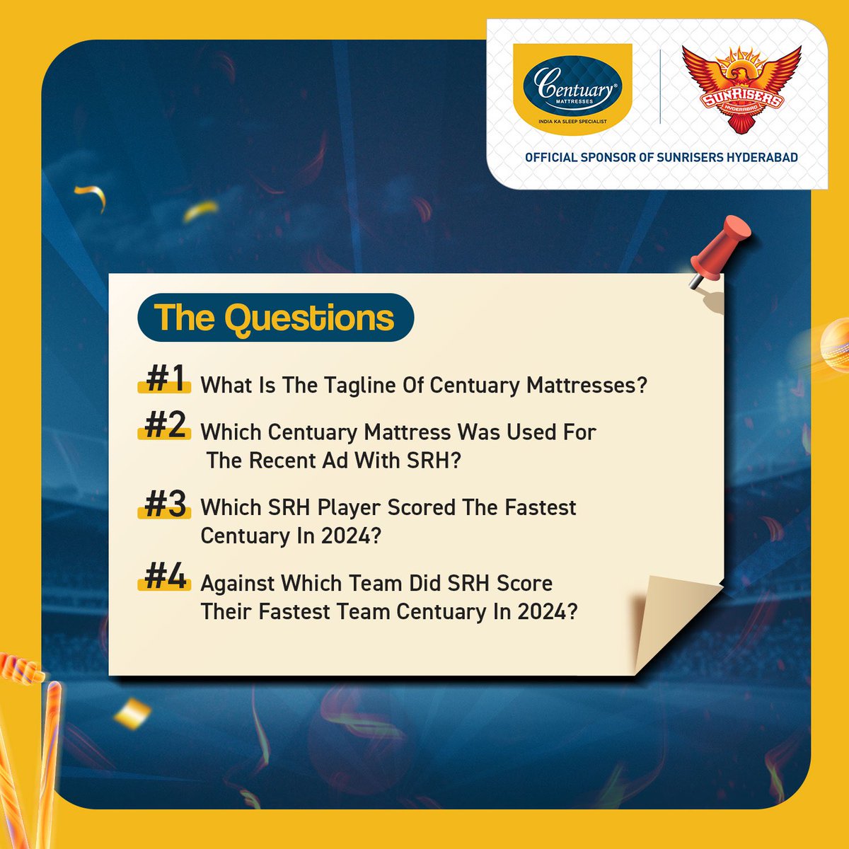 🚨 Contest Alert 🚨 Centuary Mattresses - The Official Sponsor of the @sunrisershyd is giving YOU 🫵 a chance to witness the #OrangeArmy live.🏏 ✅Answer these simple questions and follow @CentuaryKiSleep along with 3 friends - and you could win free tickets to the game!🎟️