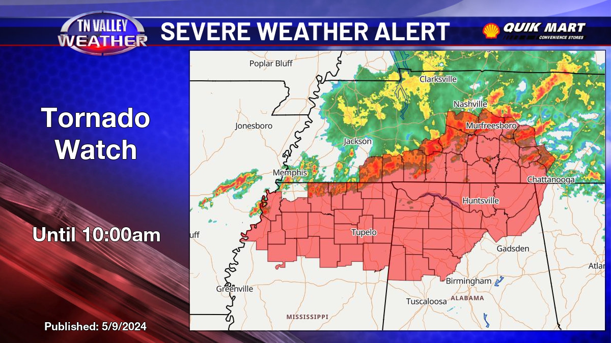 From TNVWx: Tornado Watch for Giles, Hardin, Lawrence, Lewis, Marshall, Maury and Wayne County in TN until 10:00am. For more, visit tnvwx.com. #tnwx