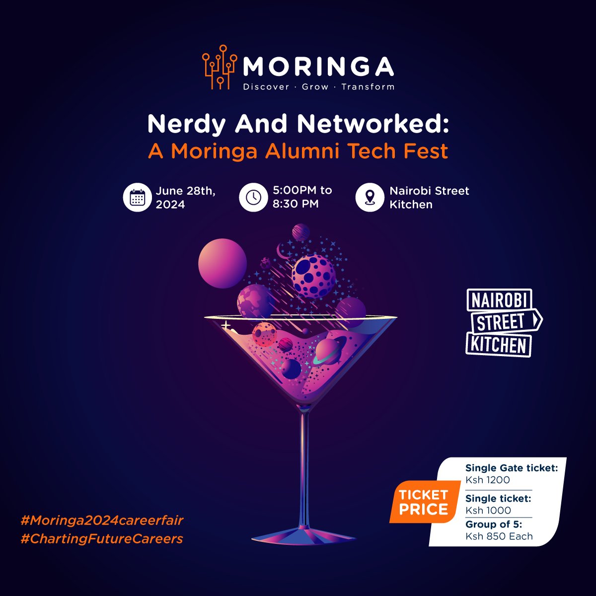 Calling all Moringa School Alumni! Get ready for this year's Alumni Cocktail: Nerdy And Networked! Join us on June 28th, 5:00 PM at Nairobi Street Kitchen for reconnecting, challenges, bites, and inspiring conversations. RSVP here: beta.paydexp.com/nerdy-and-netw…