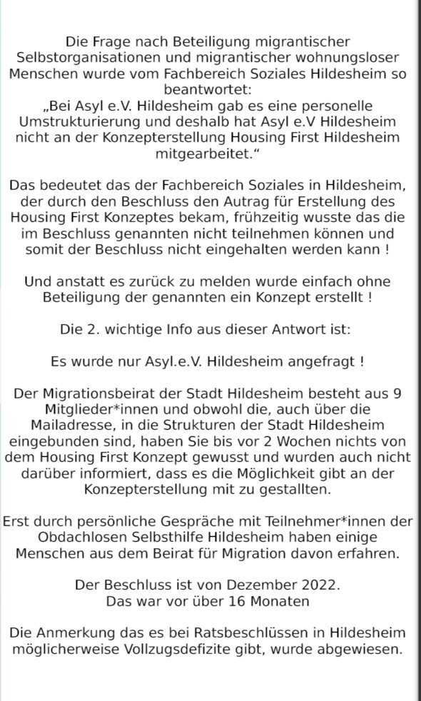 UPDATE !
Am 07.05.2024 durfte die Obdachlosen Selbsthilfe #Hildesheim bei der Einwohner*innen Fragestunde zum #HousingFirst Fragen stellen. Es wurde tatsächlich nur 1 von 6 Fragen beantwortet, alles andere waren ausreden.
Danke an Stidu e.V  #Hannover für die Unterstützung.
👇👇