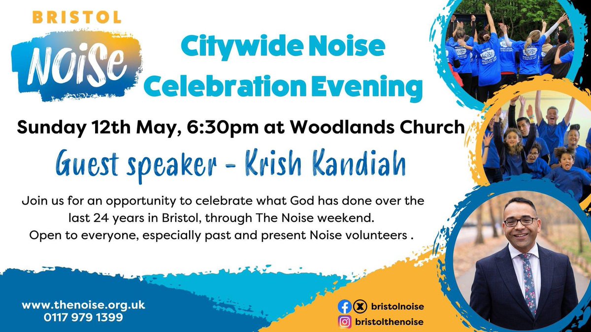 Join us on Sunday evening (12th) at 6.30pm at @Woodieschurch for a special Celebration evening to look back over 24 years of The Noise weekend and look forward to the new season of #noise365. The evening will include sung worship, prayer, video, stories and guest speaker @krishk.