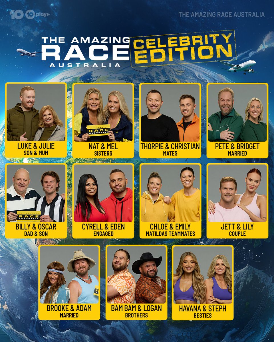 Ready, celebrity... GO! 🏁 Look who's racing around the world this year! 🌏🏃‍♀️🏃‍♂️ #AmazingRaceAU Coming Soon to @channel10au and 10 Play.