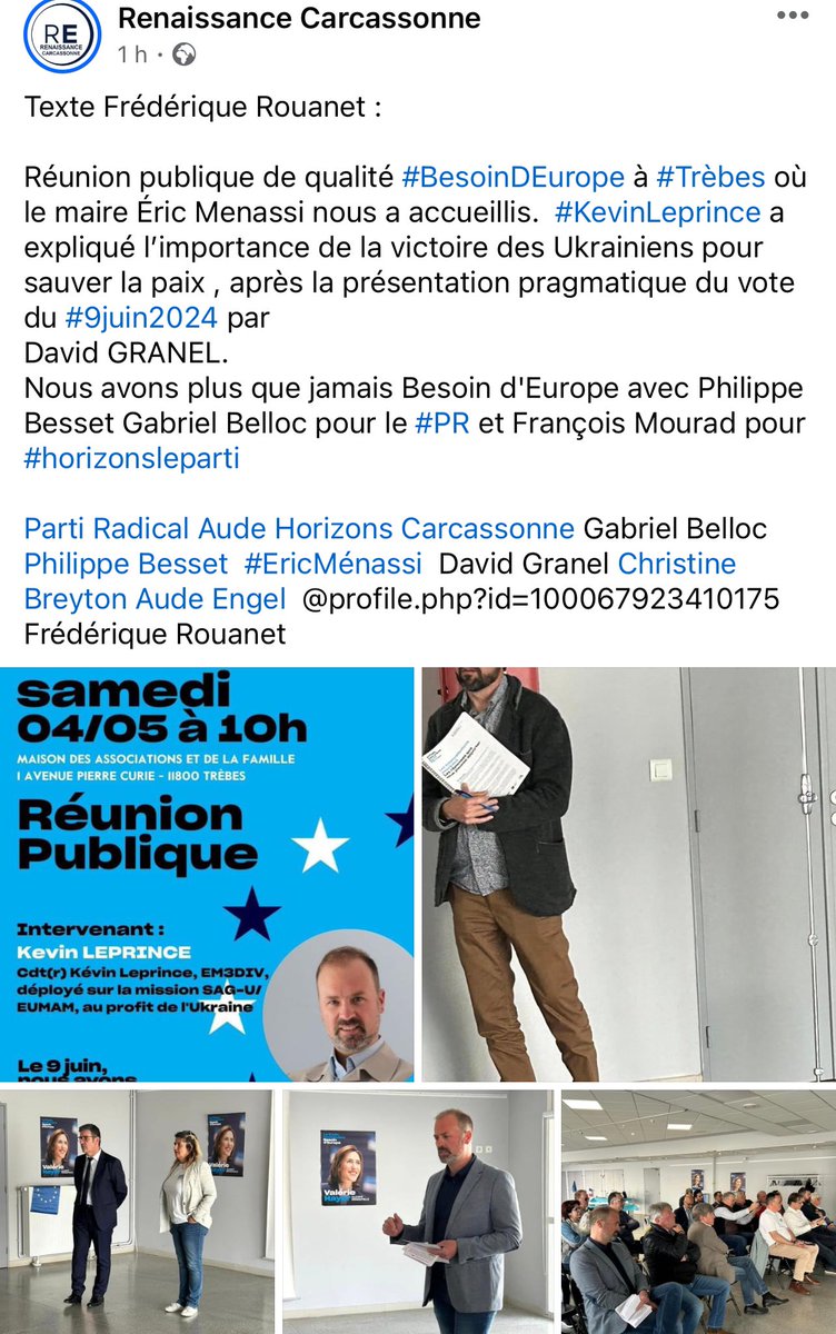 Le maire socialiste de Trèbes Éric Menassi anime désormais les réunions publiques de Renaissance, devant une vingtaine de personnes 😂. 
Tout va bien au Parti Socialiste Audois !