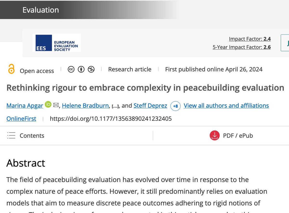 Article in @EvaluationJour1 out! 🎉 The fruits of collaborative labour as a group of us have come together to think about how peacebuilding evaluation and learning can be both inclusive and rigorous. @warstudies @marinaapgar @LeslieWingender @SteffDeprez tinyurl.com/3n6pjkzs