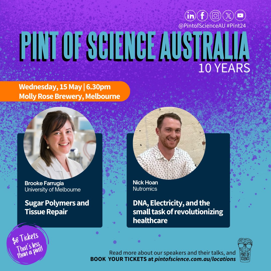 Looking forward to @pintofscienceAU next week! I'll be talking about sugar polymers & tissue repair, along with Nick Hoan from @nutromics who will tell us about developing DNA-based biosensors & what it takes to revolutionize healthcare! For more info 👇 pintofscience.com.au/event/tissue-t…