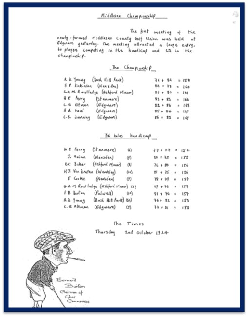 With the County Centenary Dinner just a week away, we had this sent to us as a summary of the first county championships Interesting it was played at Edgware, Won by RD Young (scr) from @BushHillParkGC Notice the clubs that were involved Feel free to comment & add insights