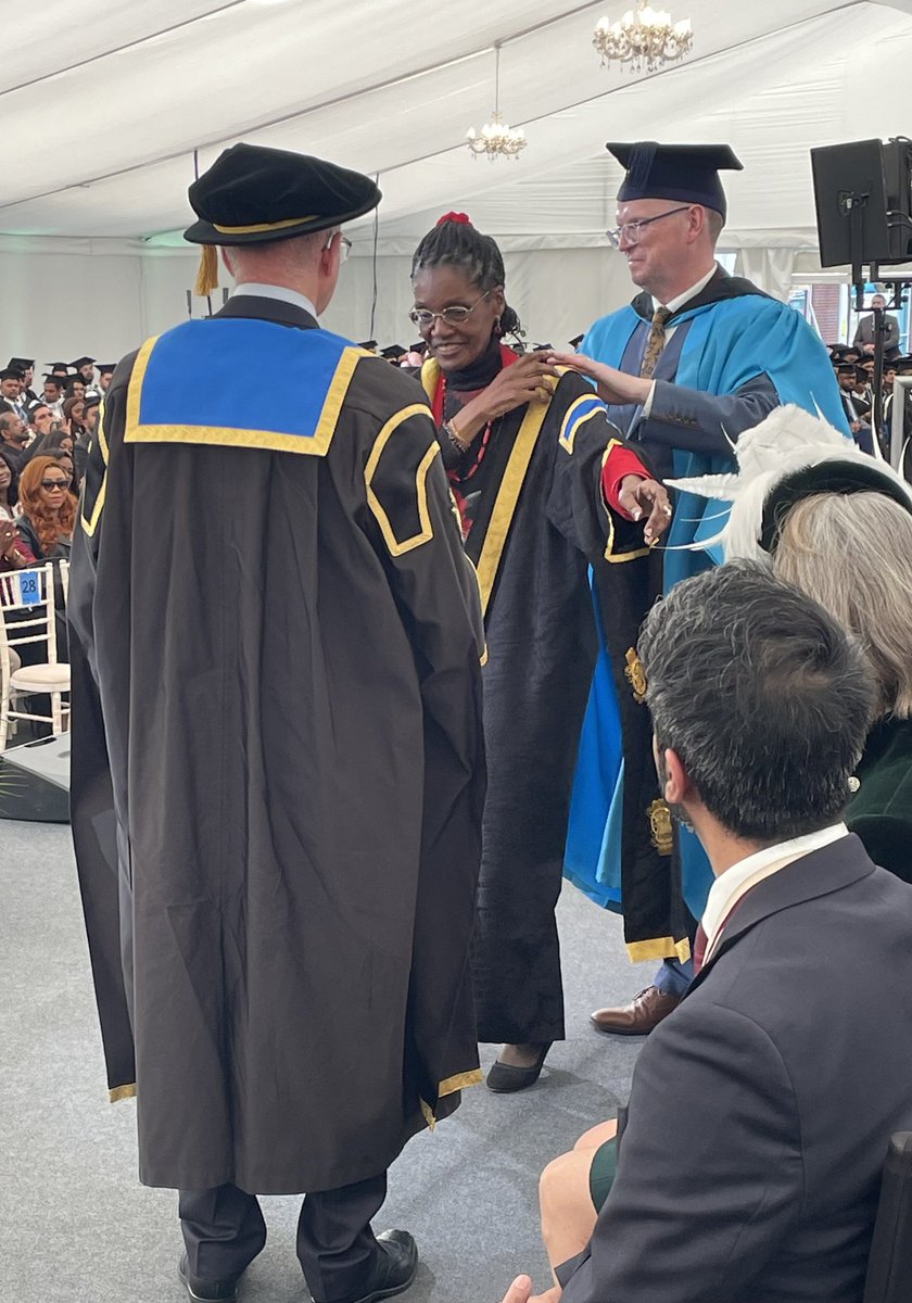 Pro Chancellor Morcea Walker being vested at @UniNorthants yesterday. She arrived from Jamaica in the 50s, became a brilliant teacher, is Vice Lord Lieutenant, and does the BEST impression of a redoubtable matron discovering her cooking rum has not survived an Atlantic crossing.