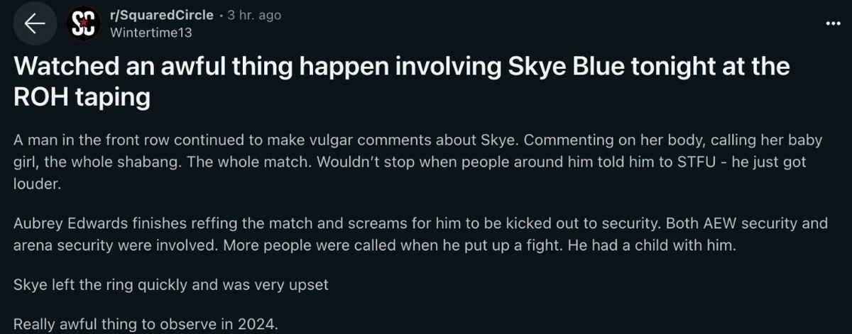 Skye Blue was verbally harassed by a fan at the Ring of Honor tapings last night. #WrestlingNews #AEW #AEWNews