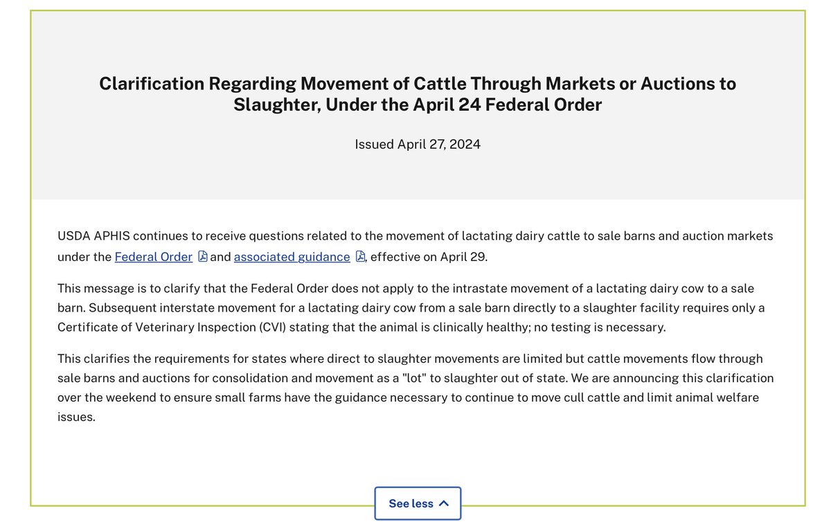 transporting cows for slaughter can be done across states without testing. Are slaughterhouse workers monitored? @CDCgov aphis.usda.gov/livestock-poul…
