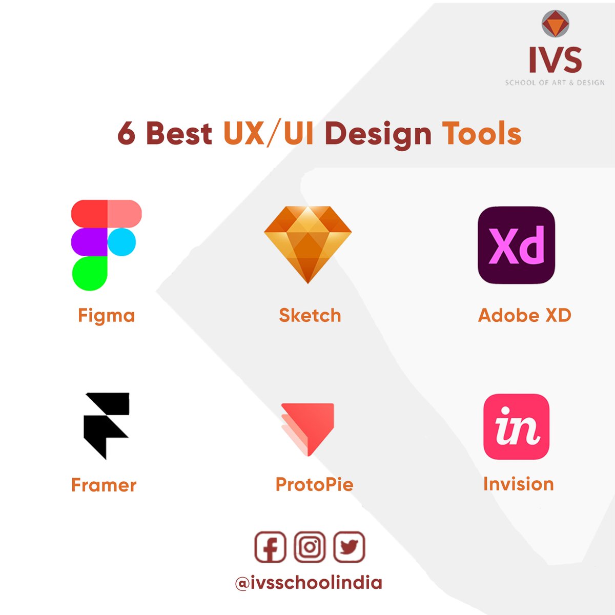6 Best UX/UI Design Tools
1. Figma
2. Sketch
3. Adobe XD
4. Framer
5. ProtoPie
6. Invision
#IVSScholOfDesign #uidesign  #design #course #ui #ux #designer #uiuxdesign #uxdesigner #uxdesigners #Figma #sketch #adobe #framer #Protopie #invision #tools #carrepair #skills #knowledge
