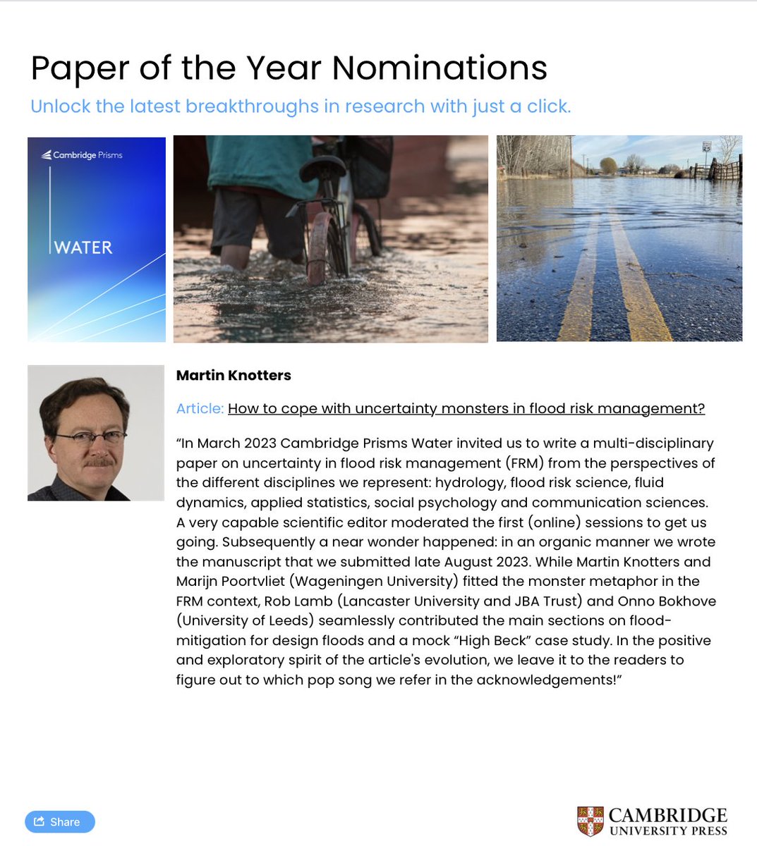 Nominated for paper of the year for #CPWater: How to cope with uncertainty monsters in flood risk management? by Martin Knotters @WURenvironment, @onnobokhove, Rob Lamb & P.M. Poortvliet. Read the full article now: bit.ly/48uU2NJ #water #flood