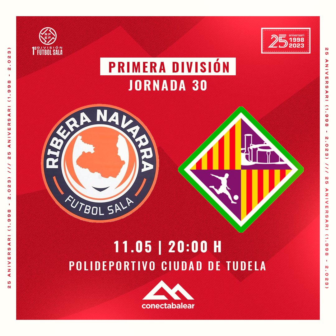 𝐔́𝐋𝐓𝐈𝐌𝐀 𝐉𝐎𝐑𝐍𝐀𝐃𝐀‼️ 🏆 Primera División 3️⃣0️⃣ Jornada ⚽️ @RiberaNavarraFS 🆚 Mallorca Palma 📆 Sábado 11 de mayo ⏰ 20:00 horas 🏟️ Polideportivo Ciudad de Tudela 📍 Tudela 📺 @fef_tv 📻 IB3 Ràdio #MallorcaPalmaFutsal #FutsalRFEF