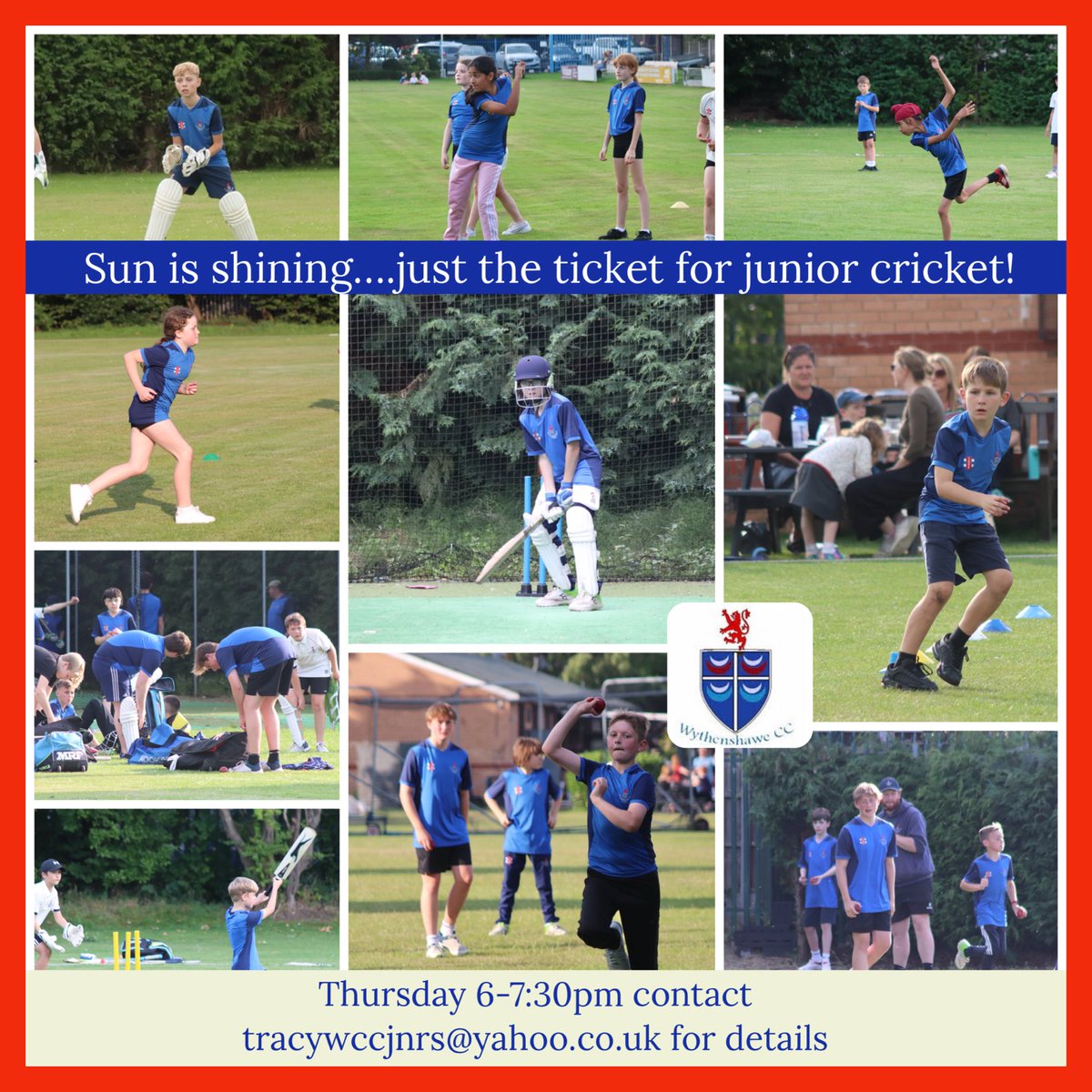 Sun ☀️ is shining!!…just the ticket for junior cricket 🏏 
Wythenshawe CC Jnrs train every Thurs (weather permitting!) 6-7:30pm
We’ve a vibrant cricket community for boys & girls, always happy for new players to join us at Longley Lane, Northenden 📧👇🏼
tracywccjnrs@yahoo.co.uk