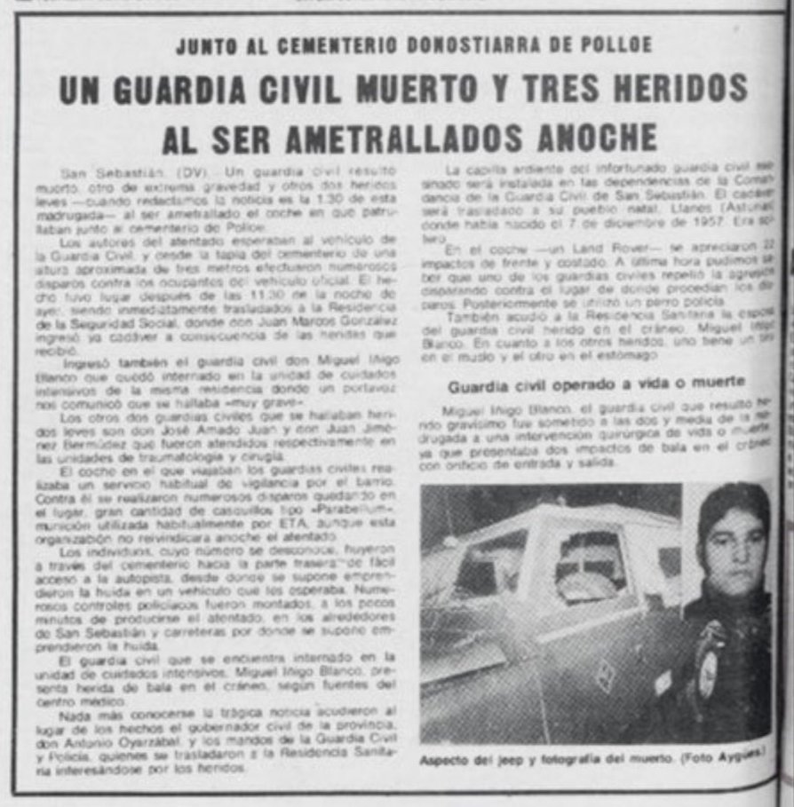 vctorst2's tweet photo. Un día como hoy de 1978 #ETA asesinó en #SanSebastián al @guardiacivil JUAN MARCOS GONZÁLEZ.
Varios terroristas ametrallaron desde una tapia a un vehículo policial de vigilancia, con cuatro agentes, que pasaba por las cercanías del cementerio de #Polloe.
#MEMORIA https://t.co/HPlHWRZfna