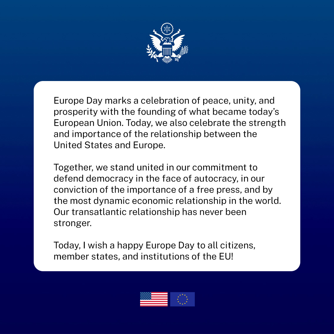 When @POTUS came into office, his central foreign policy promise was to renew our partnerships and alliances. Today, our relationship with the European Union has never been stronger 🇺🇸🇪🇺 Today, I wish a happy #EuropeDay to all citizens, member states, and institutions of the EU!