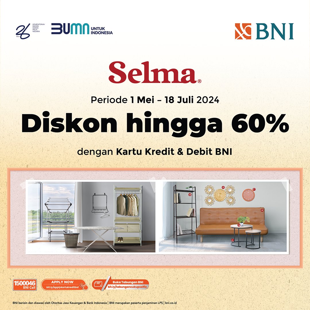 Let's elevate your living space with Selma! 🏡✨Temukan koleksi furniture modern yang sempurna untuk rumah minimalismu dengan diskon hingga 60% menggunakan Kartu Kredit dan Debit BNI. Mulai dari sofa minimalis hingga meja makan elegan, Selma memiliki semua yang kamu butuhkan…