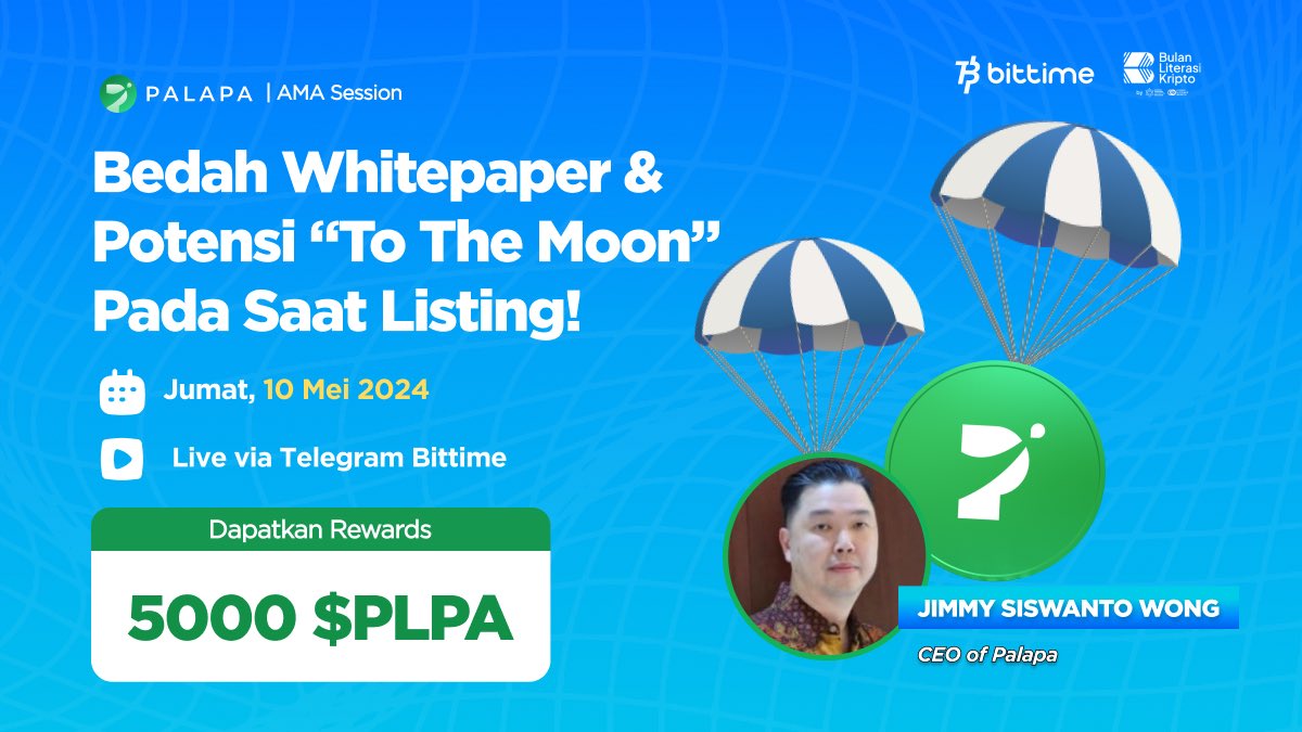 bittimexchange's tweet photo. Halo Bittimers!

Palapa AMA Session yang di tunggu tunggu akhirnya dateng nih, dengan topik yang tentunya bakal menarik banget buat diikutin. Pasti pada penasaran kan? lihat detailnya dibawah ini: 

🗓Jum'at, 10 Mei 2024
⏰ 19.00 WIB
🎙"Bedah Whitepaper dan Potensi Pada Saat Listing" bersama Jimmy Siswanto Wong, CEO Of Palapa
📍Telegram Bittime @bittimexchange

🎁 Eittsss, ada juga total hadiah 5000 $PLPA @tokenpalapa yang menanti untuk 5 pertanyaan terpilih!

Yuk catat tanggalnya jangan sampai kelewatan! #BittimeAMA #Palapa #PLPA