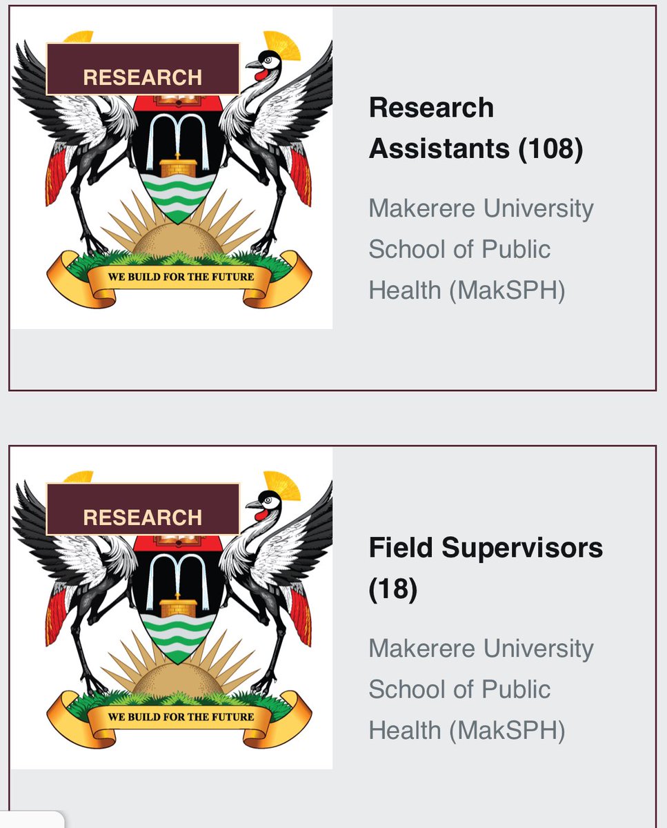 MakSPH in partnership with Ministry of Health, WHO and PATH are looking for 108 Research Assistants and 18 Supervisors for Ankole, Buganda, Kampala, Teso and Karamoja regions

Research Assistants (108): jobnotices.ug/job/research-a…

Field Supervisors (18): jobnotices.ug/job/field-supe…