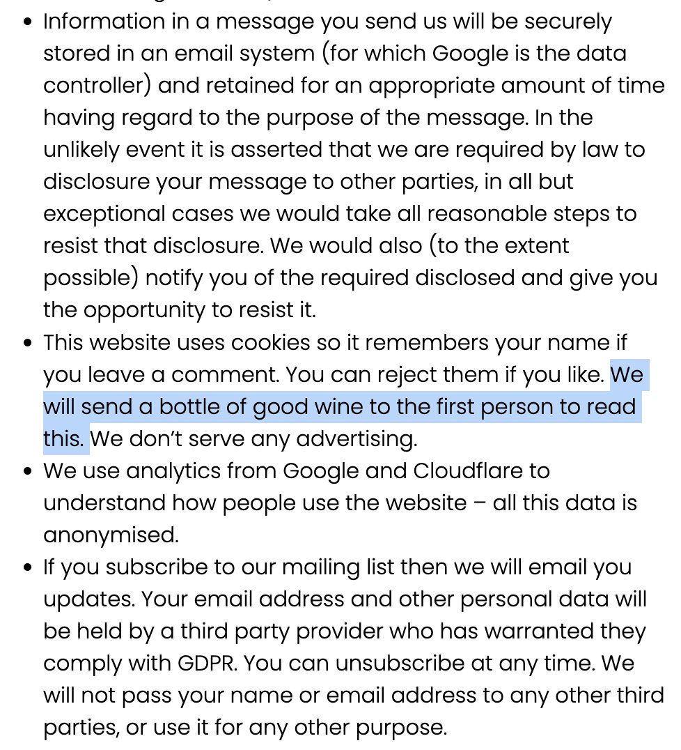 Our ongoing experiment into whether anyone reads website T&Cs continues. We put this in our terms back in February. Just got claimed.