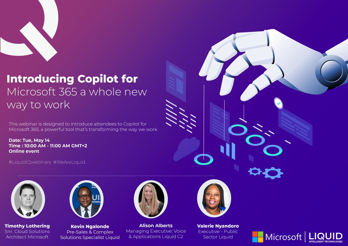 Join us in conversation with <a href="/liquidhomezim/">Liquid Home Zimbabwe</a> as we discuss "The new way of work with Copilot for Microsoft 365".

Register to be part of the conversation events.teams.microsoft.com/event/e90292bb…

#LiquidC2 #WeC2IT #WeAreLIT #LiquidWebinars