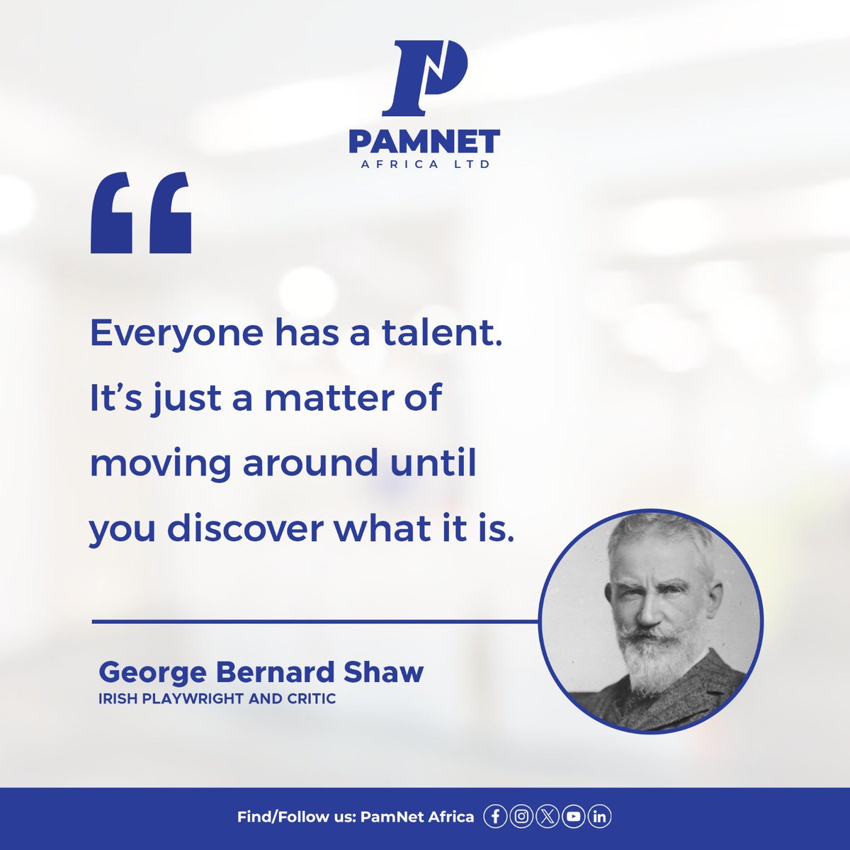 Feeling stuck and unsure where your strengths lie?  As George Bernard Shaw said, 'Everyone has a talent. It's just a matter of moving around until you discover what it is.'

#pamnetafrica #talents #skillsdevelopment #careerdevelopment