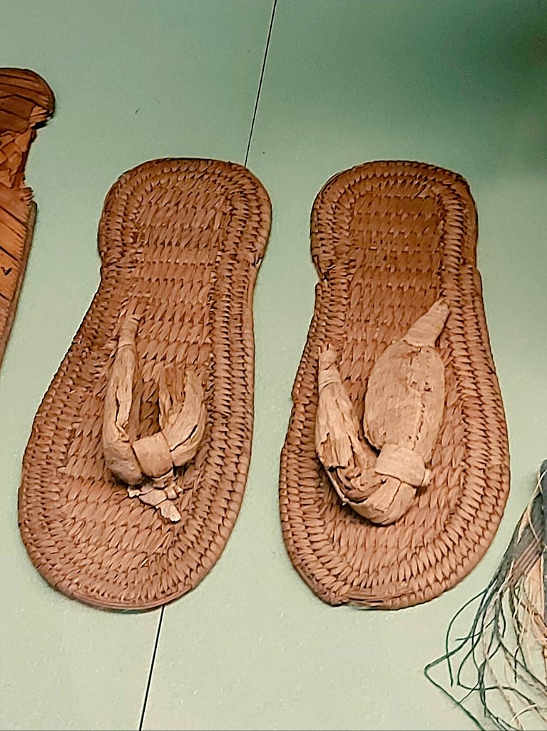 3,000-year-old Egyptian flip-flops. The pair of sandals was made from woven reeds and palm leaves, dating to around 1000 BC. They have been remarkably preserved due to the arid desert climate. On display at the National Museum of Copenhagen.