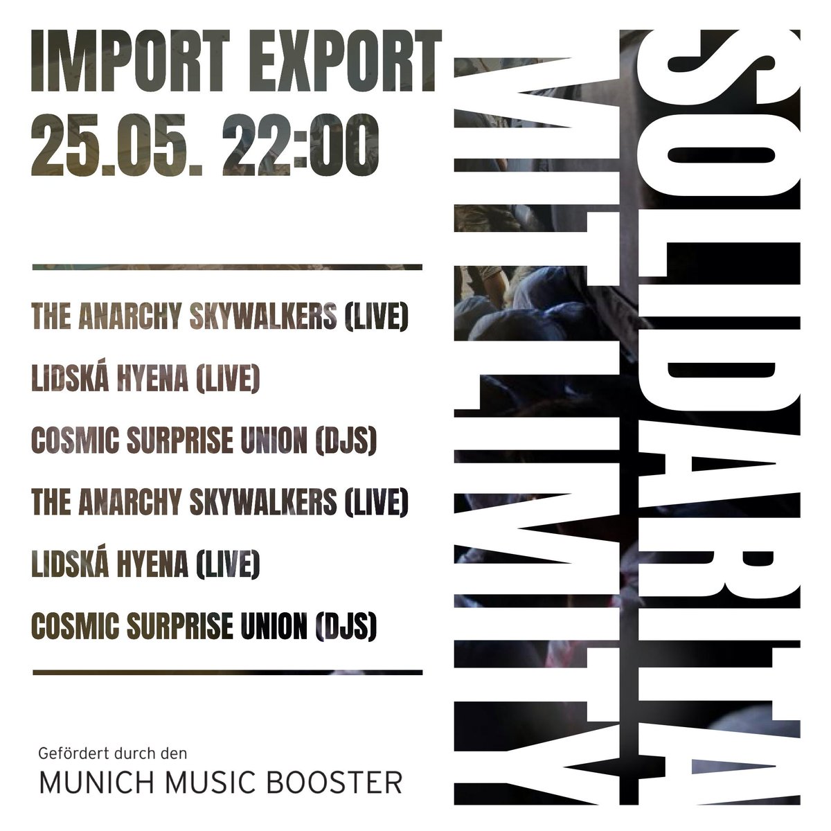 Herzlich Willkommen zur Limity jsme my Soli-Party 🎉 Samstag, 25.5. - 22:00 Uhr im Import Export München: Eine wichtige & wirkungsvolle Nacht der Solidarität, des Widerstandes & des Vergnügens, mit dem Ziel, die tschechische Klimagerechtigkeitsbewegung zu unterstützen.