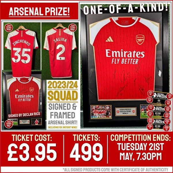 ARSENAL COMPETITION! 2023/24 SQUAD SIGNED & FRAMED ARSENAL HOME SHIRT! (PLUS FIFTEEN INSTANT WIN PRIZES!) £3.95 We have some incredible prizes to be won in this week’s Arsenal competition for all our gunners fantastic prize link below footballprizes.co.uk/product/ars-sq…