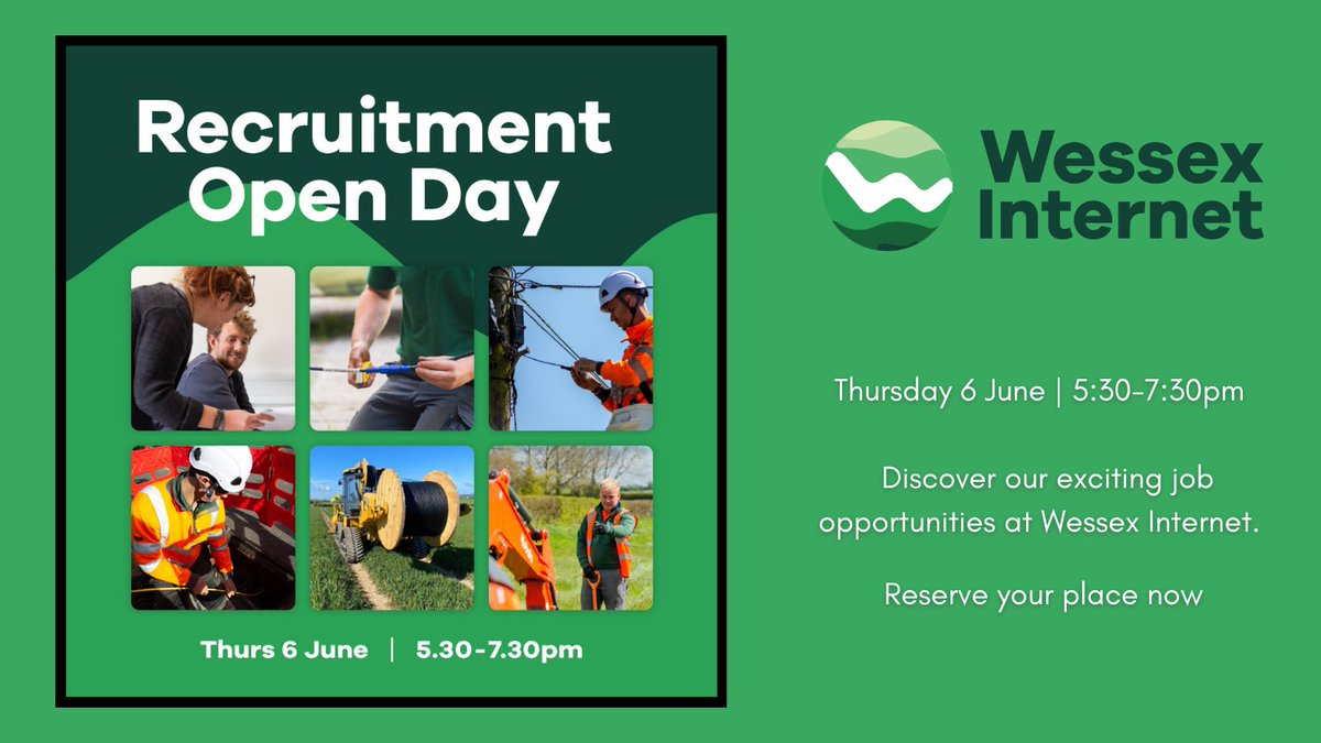 Save the date: Wessex Internet Recruitment Open Day. Thursday 6 June | 5:30-7:30pm Shroton, Dorset Reserve your place here ➡️ bit.ly/3UtTAud @Wessex_Internet