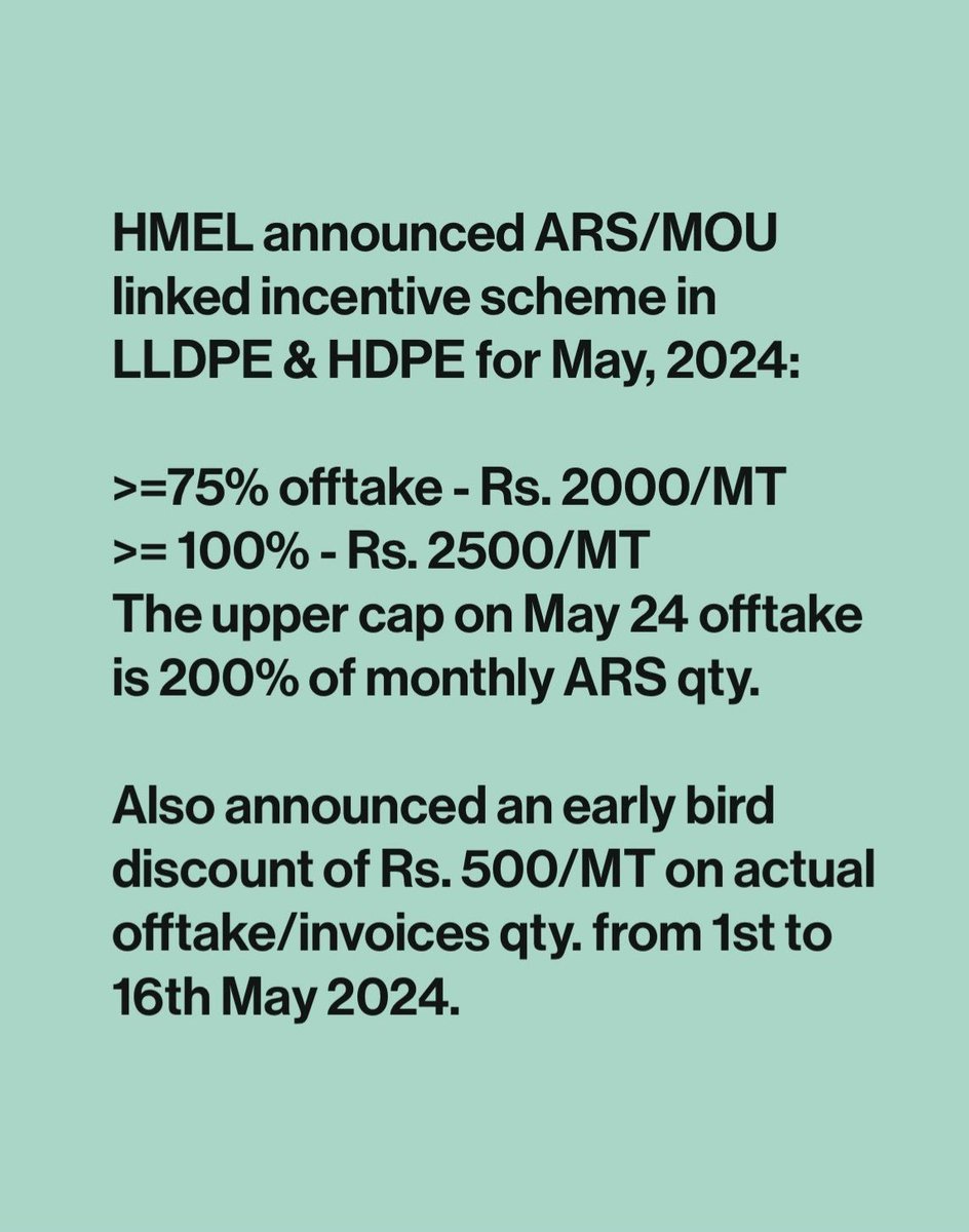 PE incentive scheme by #HMEL

#polyethylene #hdpe #lldpe #plastics #polymers #plasticindustry #packaging #petchem #china #petrochemicals #commodities