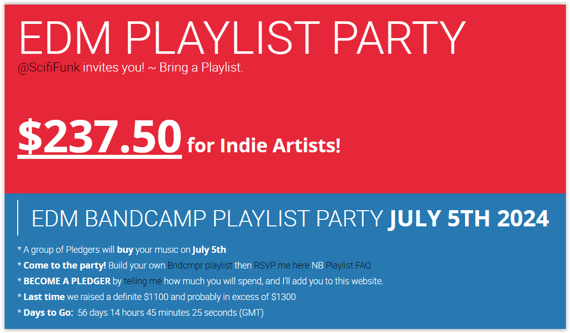 We SMASH through the $200 barrier thanks to @bufinjer ($30) and @James_EAP ($20) and our BANDCAMP PLAYLIST PARTY is up to $237.50! #edm #bandcamp #playlistparty #synthwave #supportindies Who will be our 10th PLEDGER?