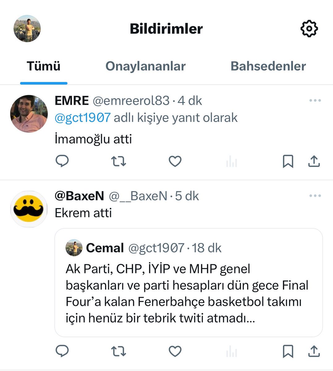 Bildiğim kadarıyla İmamoğlu İstanbul BŞB başkanı parti genel başkanı değil. Şehrinin takımına bir zahmet tebrik mesajı atsın.