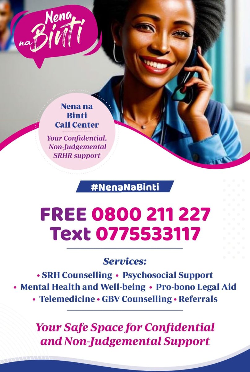 Hey! You know what! With #NenaNaBinti: ✓No topic is off-limits, ✓No question is too embarrassing. From STIs to consent, to Contraceptives, to Mental Health to... Do you prefer to chat, call, or text? Nena Na Binti today & take the first step towards a healthier, happier you.