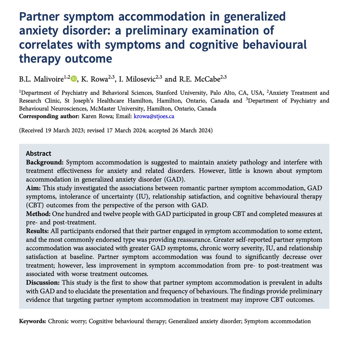 BCP FirstView paper   Partner symptom accommodation in generalized anxiety disorder: a preliminary examination of correlates with symptoms and cognitive behavioural therapy outcome. 

Full free paper at buff.ly/4dos9L0