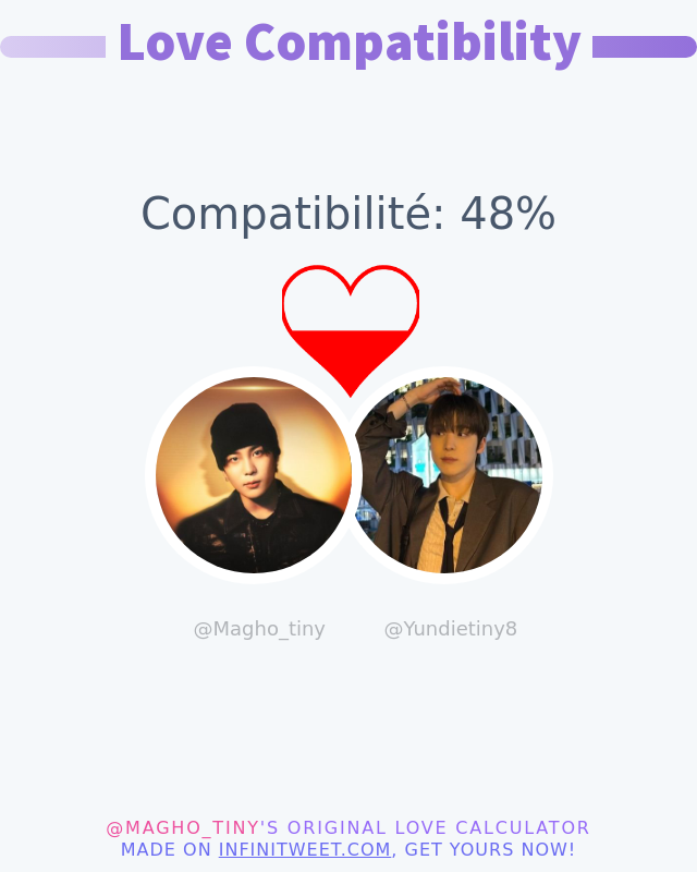 Mon amour compatibilité avec @Yundietiny8 est 48%

➡️ infinitytweet.me/love-calculato…
