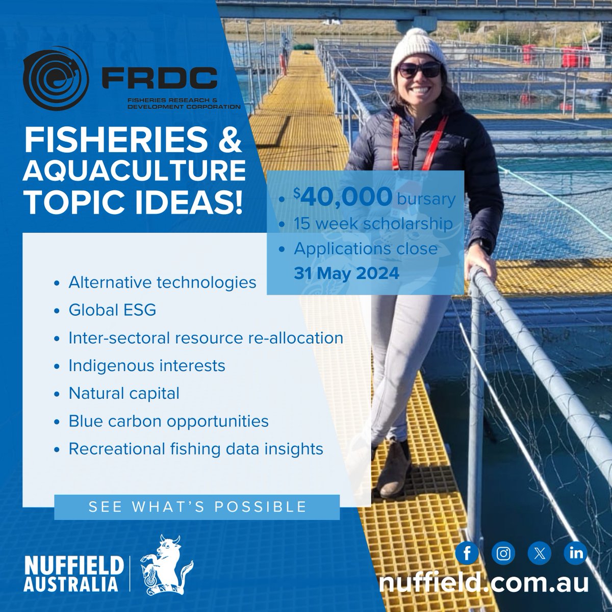 ARE YOU directly involved in fisheries & aquaculture in Australia, if so apply for a 2025 Nuffield Scholarship, generously supported by @FRDCAustralia 

Apply today: nuffield.com.au/how-to-apply

#nuffieldag #aussiefarmers #futurefarmers #fisheries #aquaculture