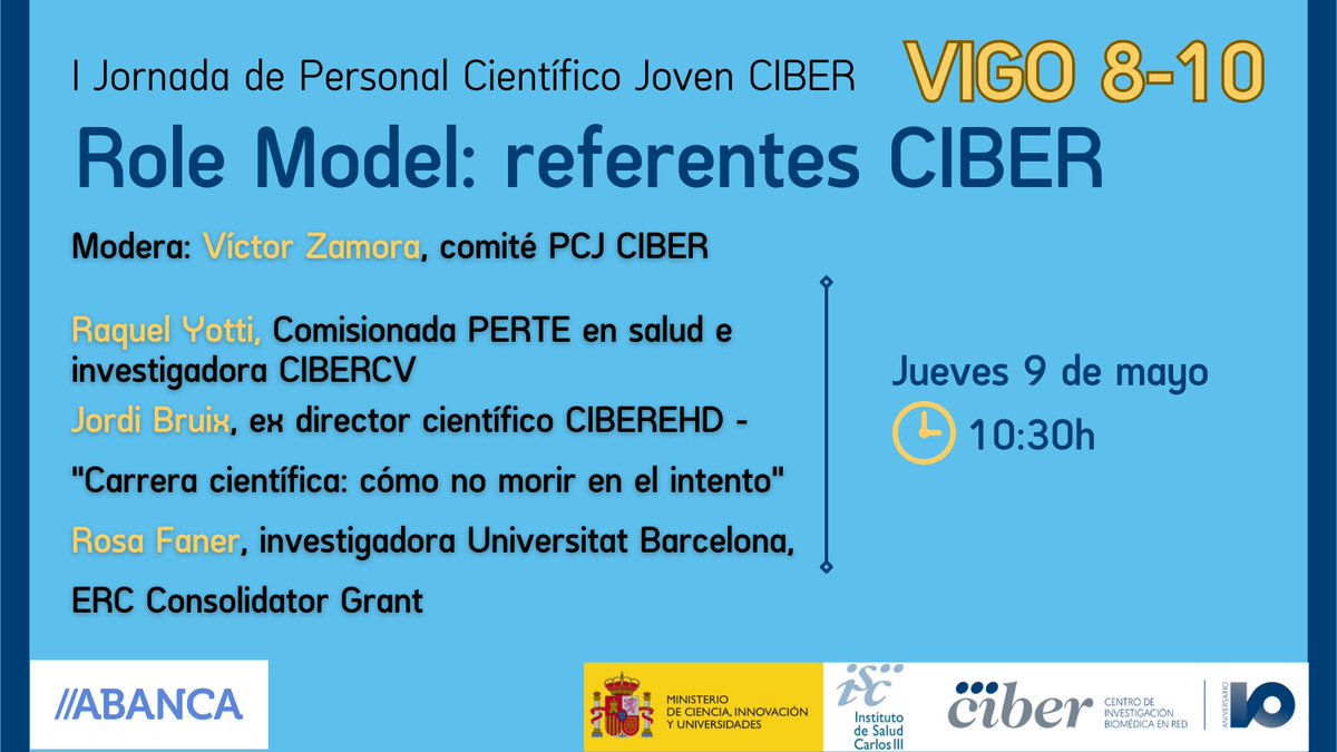 👩‍🔬🧑‍🔬Comienza la mesa redonda Role Model: referentes CIBER #Vigo #JovenCIBER #10añosCIBER #biomedicina @SomosABANCA @RaquelYotti @bruixj @faner_rosa @CIBER_CV @CIBERehd