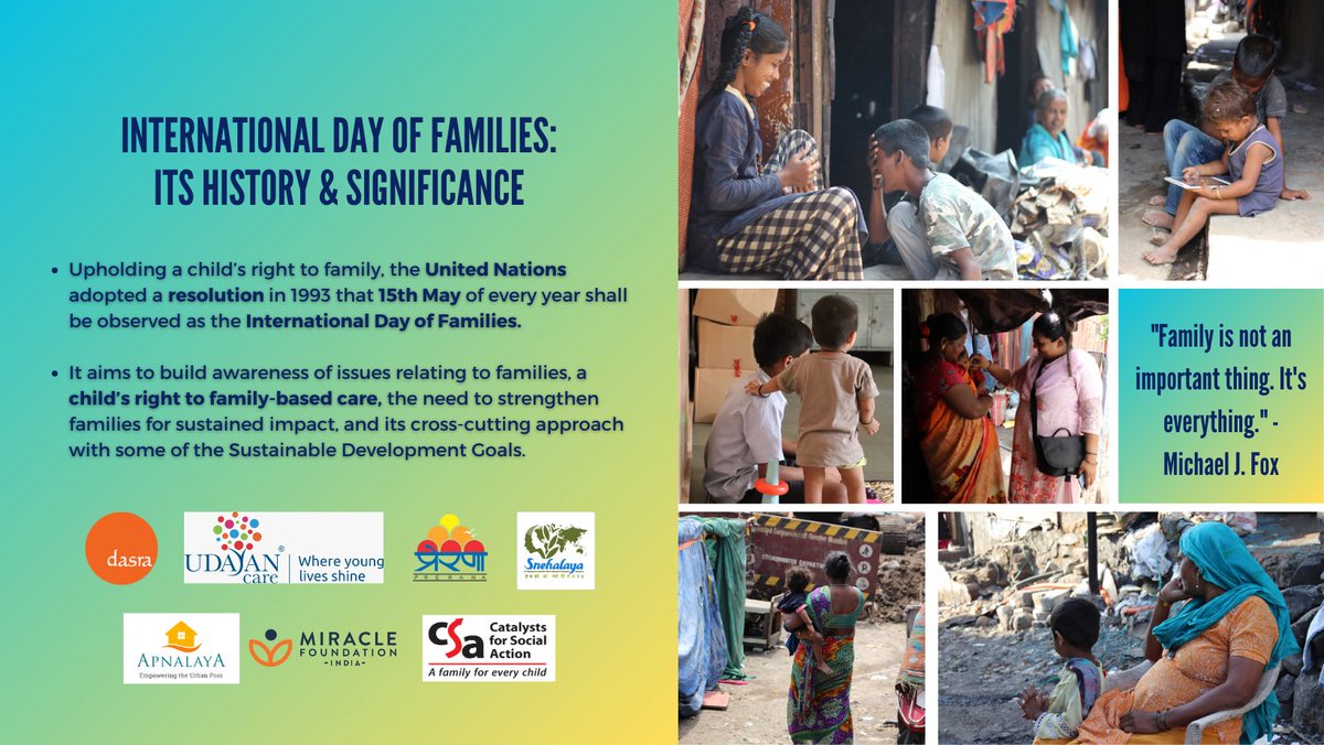 Children thrive best when they're in #families. Join us on #InternationalDayOfFamilies on May 15 on X Spaces as we co-host an insightful conversation on #FamilyStrengthening w/@PreranaATC, @ApnalayaTweets, @Catalysts4SA, @dasra, @Snehalaya & @udayancare. Watch this space for more