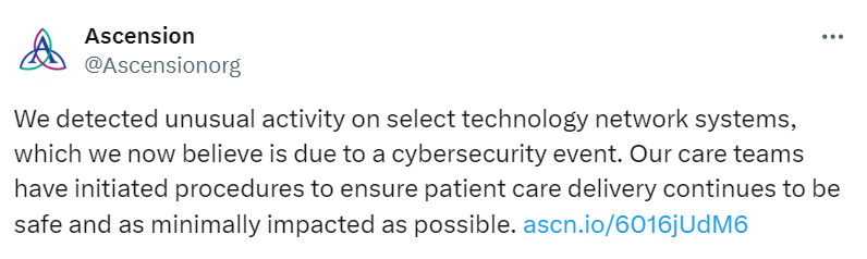 #Cybersecurity Alert!

@Ascensionorg Healthcare, a major private healthcare system in the US, has identified suspicious activity on specific tech networks, indicating a potential cybersecurity incident. 

#DarkWeb #HealthcareSystems #DataSecurity