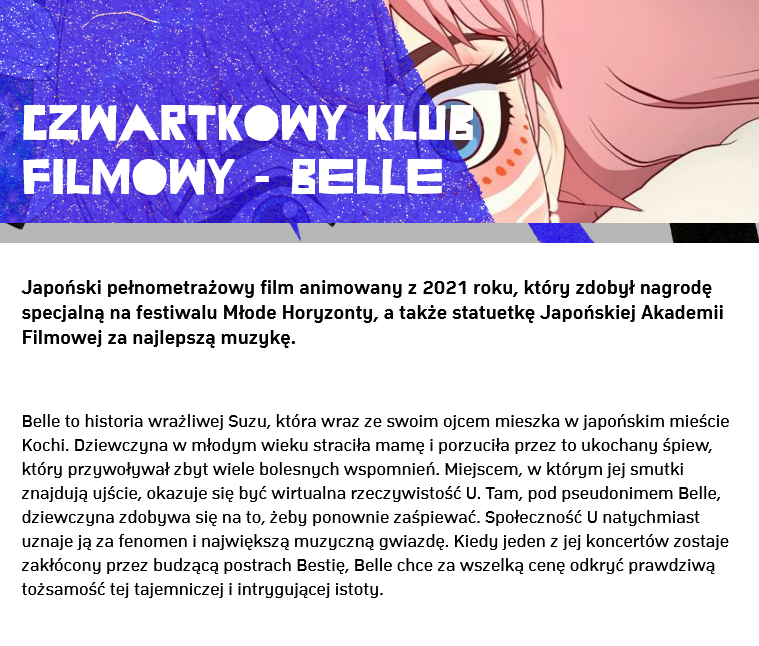 radziokoch's tweet photo. Dziś na TVP Kultura o 21:10 poleci BELLE i z tego co ludzie mi donoszą, jest reklamowana wersją z dubbingiem
(co oczywiście na 100% nie oznacza, że finalnie poleci dubbing, ale jednak są spore szanse) https://t.co/wlmbVxk9Bm