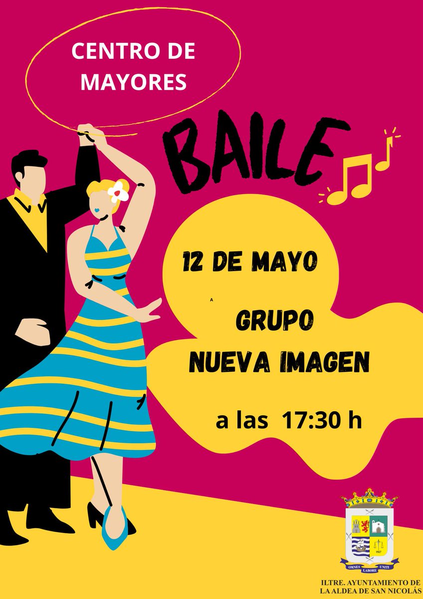 🟡Desde la Concejalía de Política Social y del Mayor, dirigida por Jennifer Sosa, se informa de que este domingo, 12 de mayo, el Centro de Mayores de La Aldea acogerá una sesión de baile.

📆Esta tendrá lugar a las 17:30 horas, con la música a cargo del grupo Nueva Imagen.