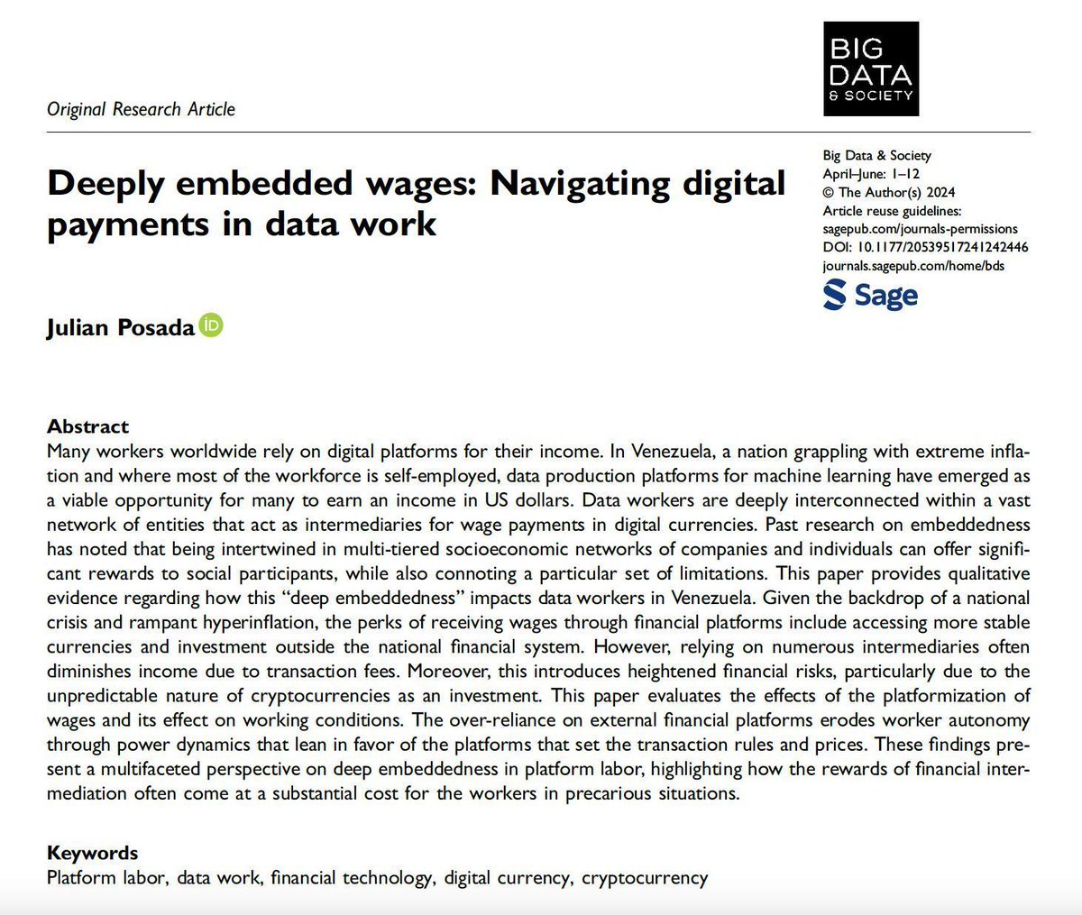📣 New paper is out! ‘Deeply embedded wages: Navigating digital payments in data work’ from the special theme on Critical Data Studies in Latin America by Juilan Posada (@JulianPosada0). #platformlabor #datawork #cryptocurrency Read here: buff.ly/4b6sgcH