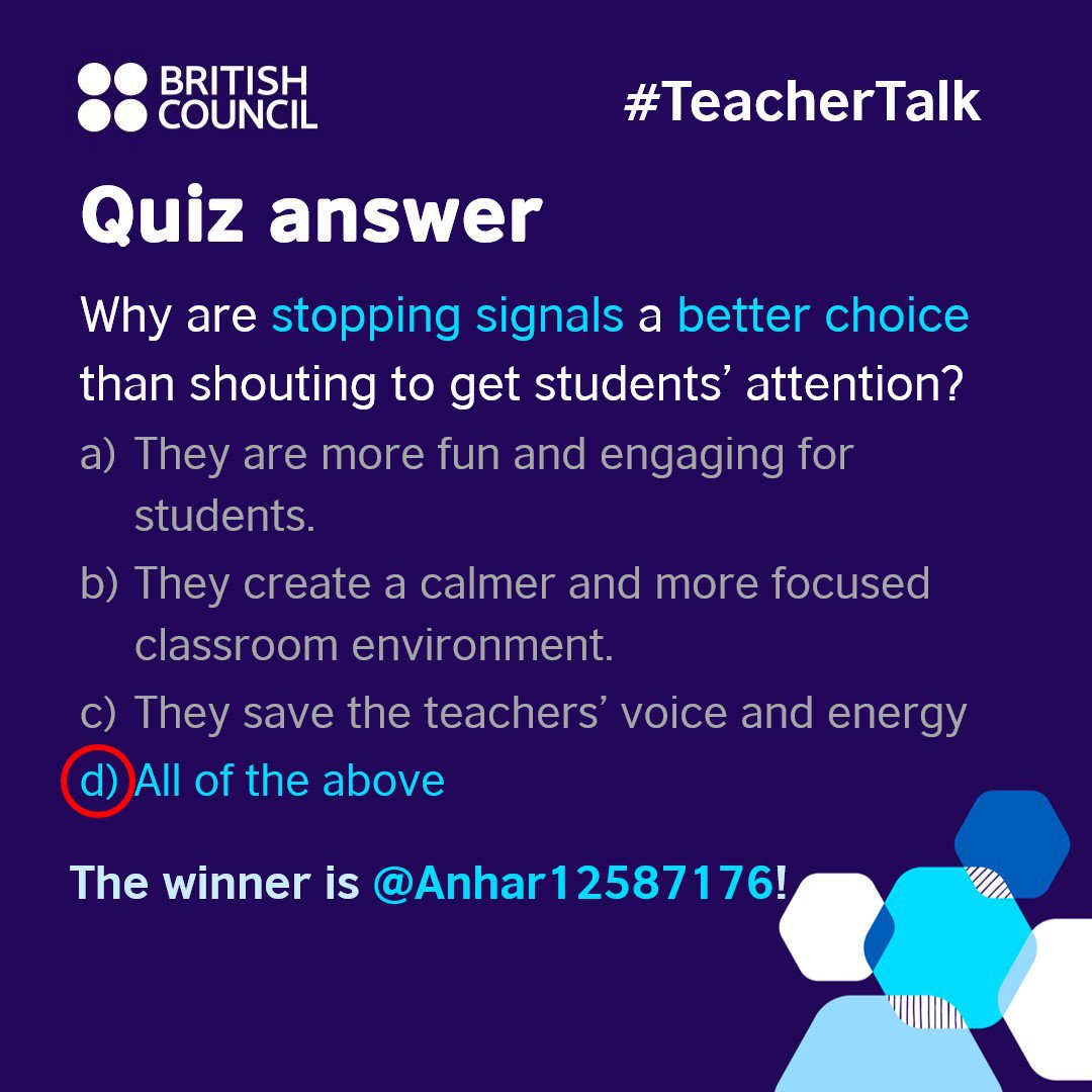 Stopping signals work better than shouting because they help teachers get students' attention without making a lot of noise. This makes the classroom a peaceful place for learning🤫👩‍🏫✨​ ​ #QuizOfTheWeek #TeacherTalk #ClassroomManagement #TeachingEnglish