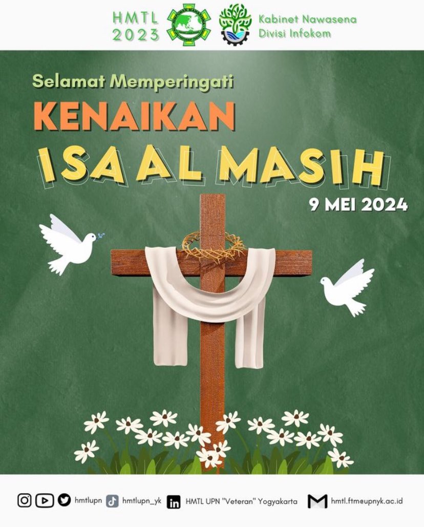 [Selamat Memperingati Hari Kenaikan Isa Almasih]

Mari kita gunakan momen Hari Kenaikan Isa Almasih ini untuk memperkuat iman kita, memperdalam kasih kita kepada Tuhan, dan menyebarkan kasih dan kebaikan kepada sesama.

#BersamaBisa
#Nawasena
#HMTL2023