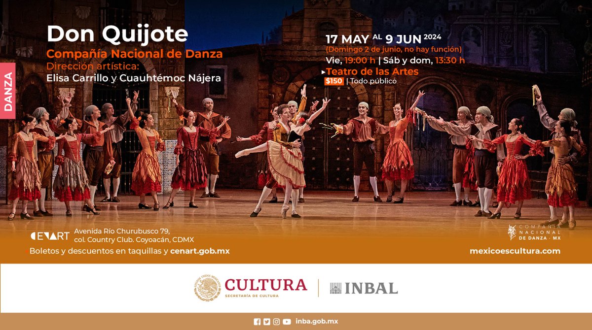 Este mes podrás disfrutar de “Don Quijote”⚔️, adaptación dancística de la @CNDanzaMX, basada en la versión original de Marius Petipa.🩰 Descubre cómo dos enamorados lograrán estar juntos a pesar de los obstáculos que se les presenten.👩‍❤️‍💋‍👨 ¡Te esperamos en el @cenartmx!