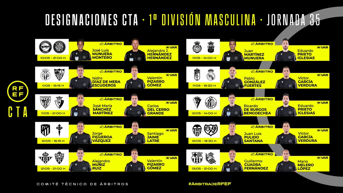 ⚖️ DESIGNACIONES | Primera División Masculina Definidos los árbitros que dirigirán la jornada 3️⃣5️⃣ del campeonato. 🔗 rfef.es/es/noticias/of… #ArbitrajeRFEF | @CTARFEF