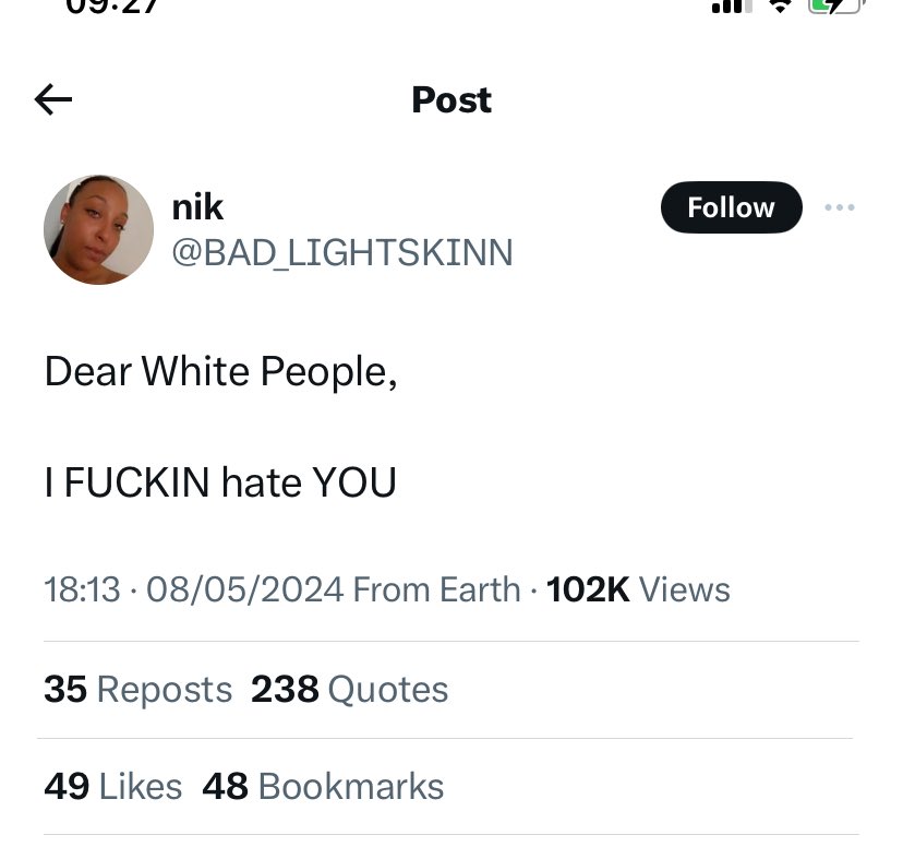Racism is real from other colours and cultures. Wake up you leftie and woke tosspots. Look at this tosser called @BAD_LIGHTSKINN