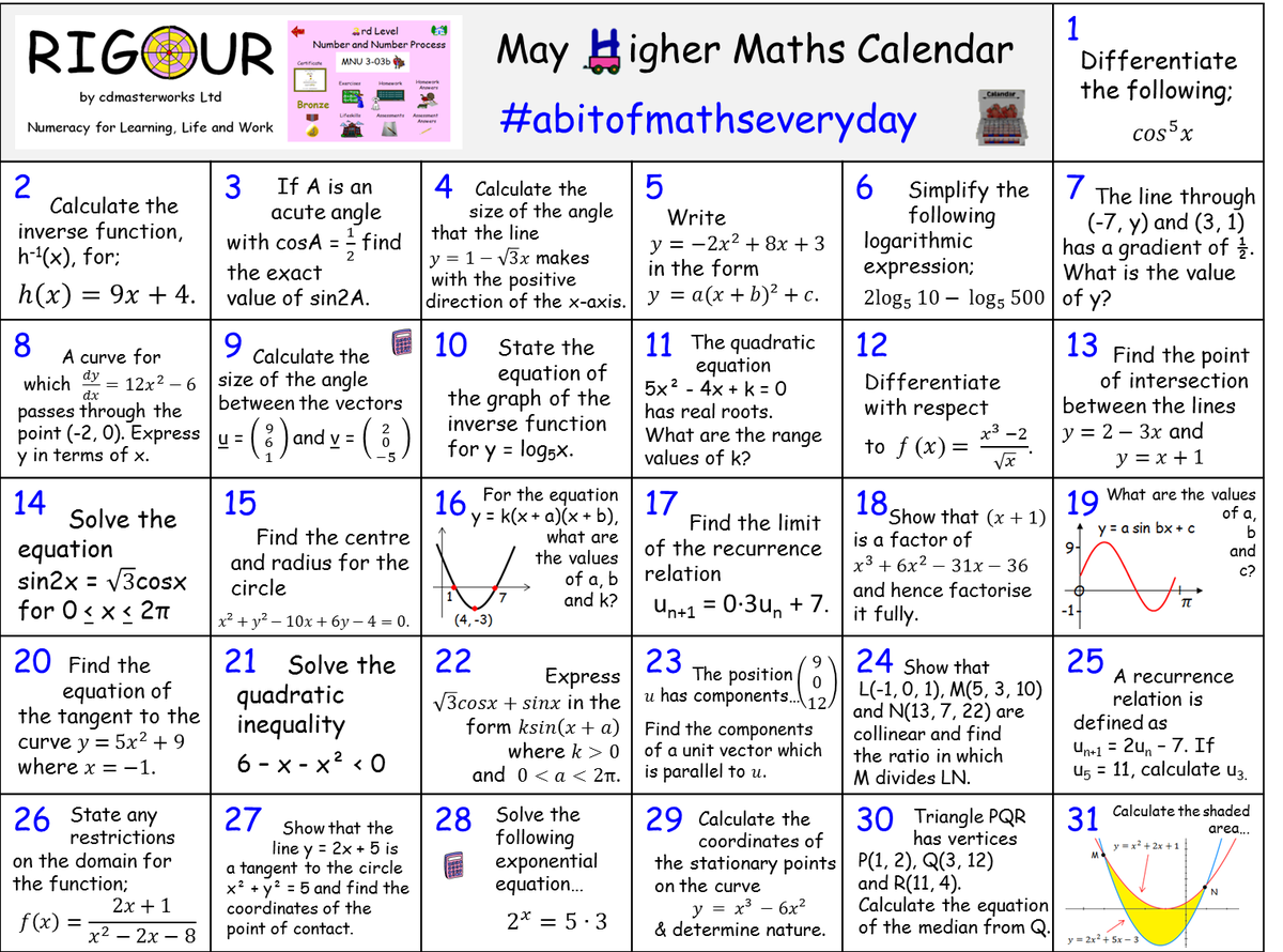 **CALLING ALL Higher Maths Pupils** Do you want to consolidate your #HigherMaths skills this month? If so, try our May Calendar! Download this calendar and view the answers here; rigourmaths.com/national-quali… #abitofmathseveryday #littleandoften 🥉🥈🥇🎯📅